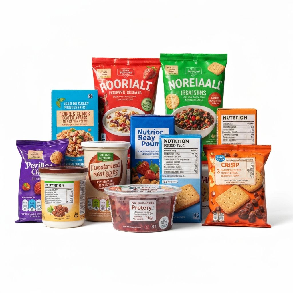 Multiple UK supermarket food packages showing nutrition panels side-by-side